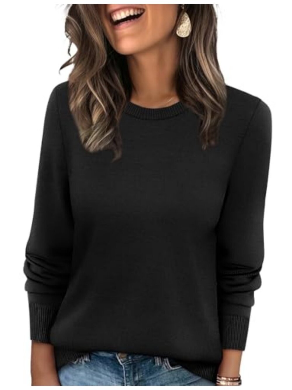 Womens Ribbed Knit Sweater Pullover Crew Neck Long Sleeve Fall Winter Top